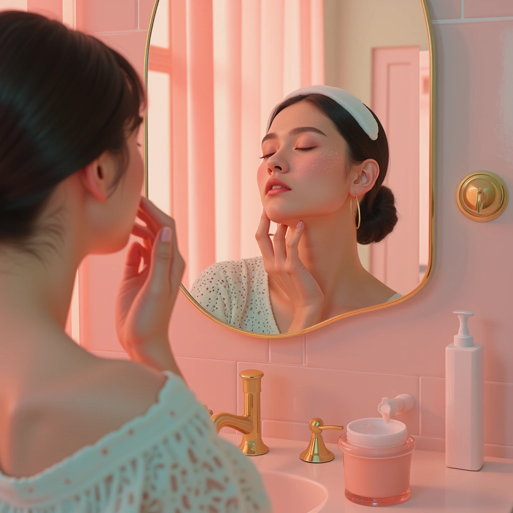 female applying night cream in front of mirror