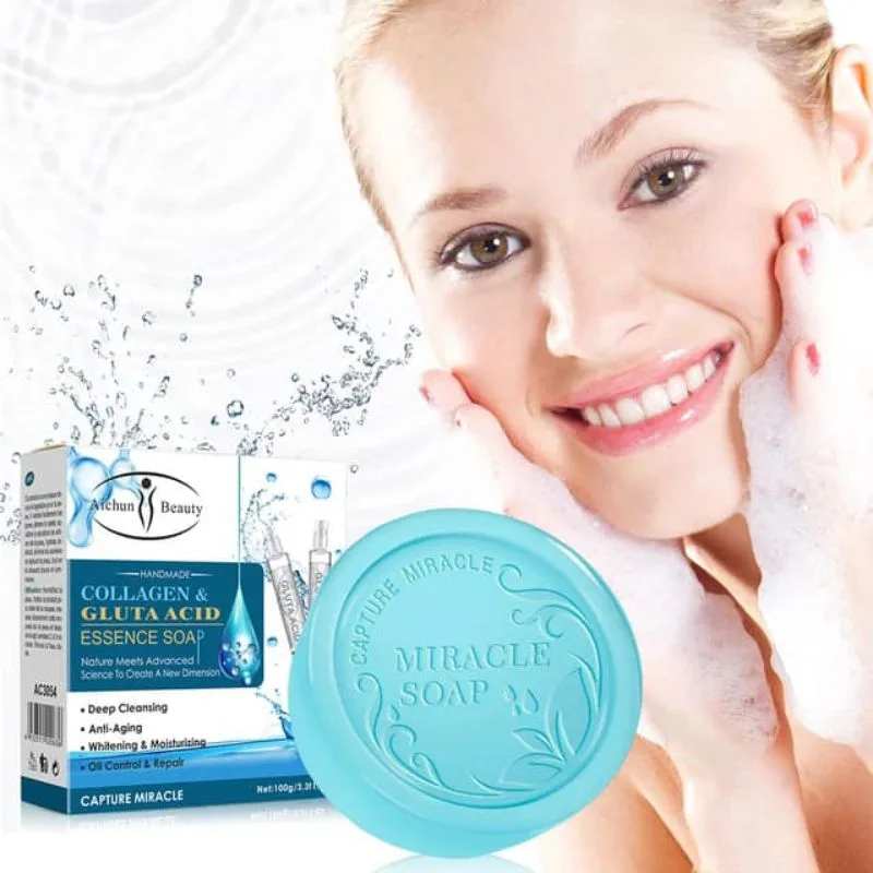 Whitening miracle soap in a splash of water with model in UAE
